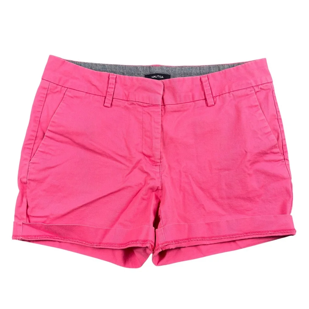 Nautica Womens Hot Pink Stretch Cotton Chino Shorts Size 6 Cuffed Mid Rise Twill